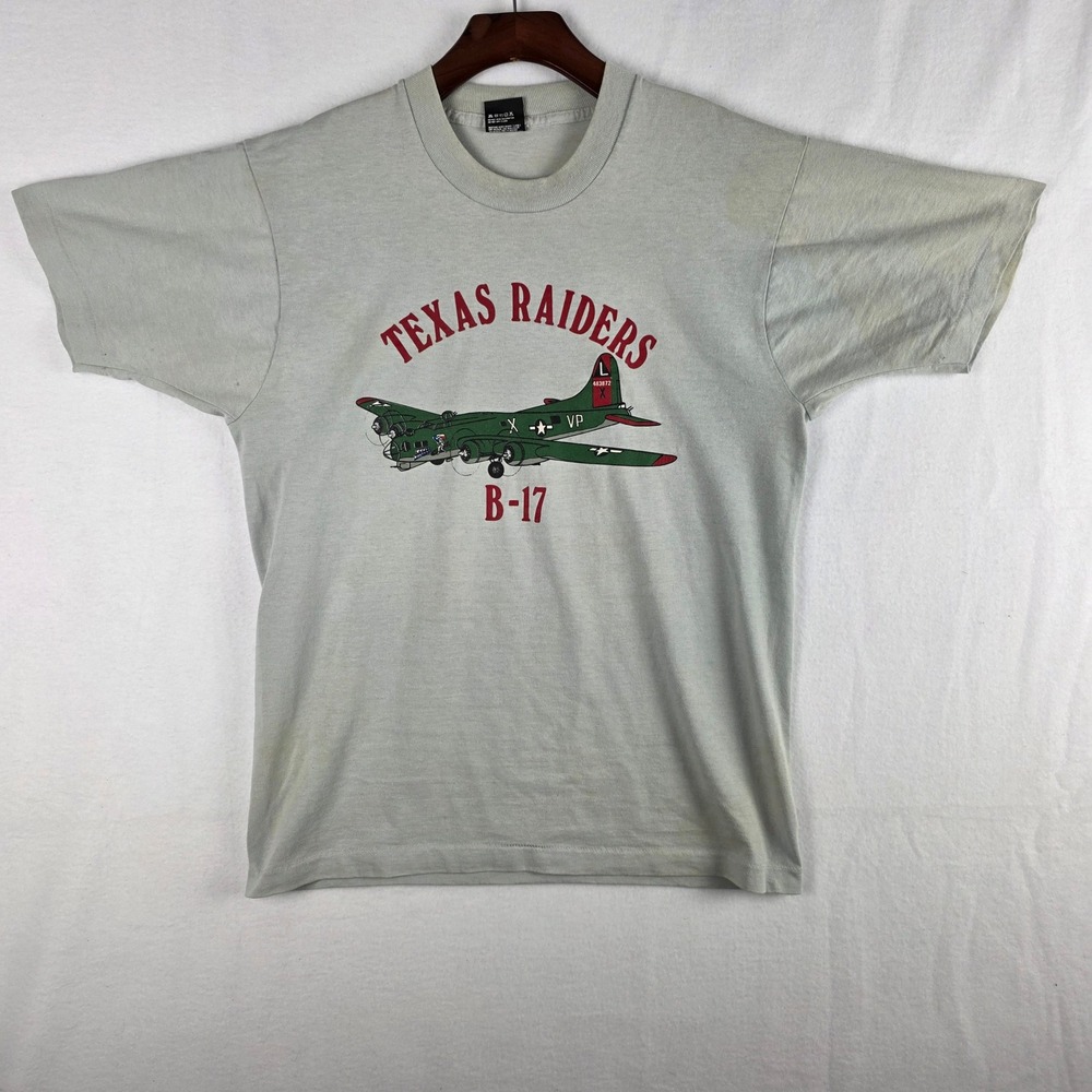Vintage Screen Stars Texas Raiders B-17 Bomber T-Shirt Gray Large Made in USA